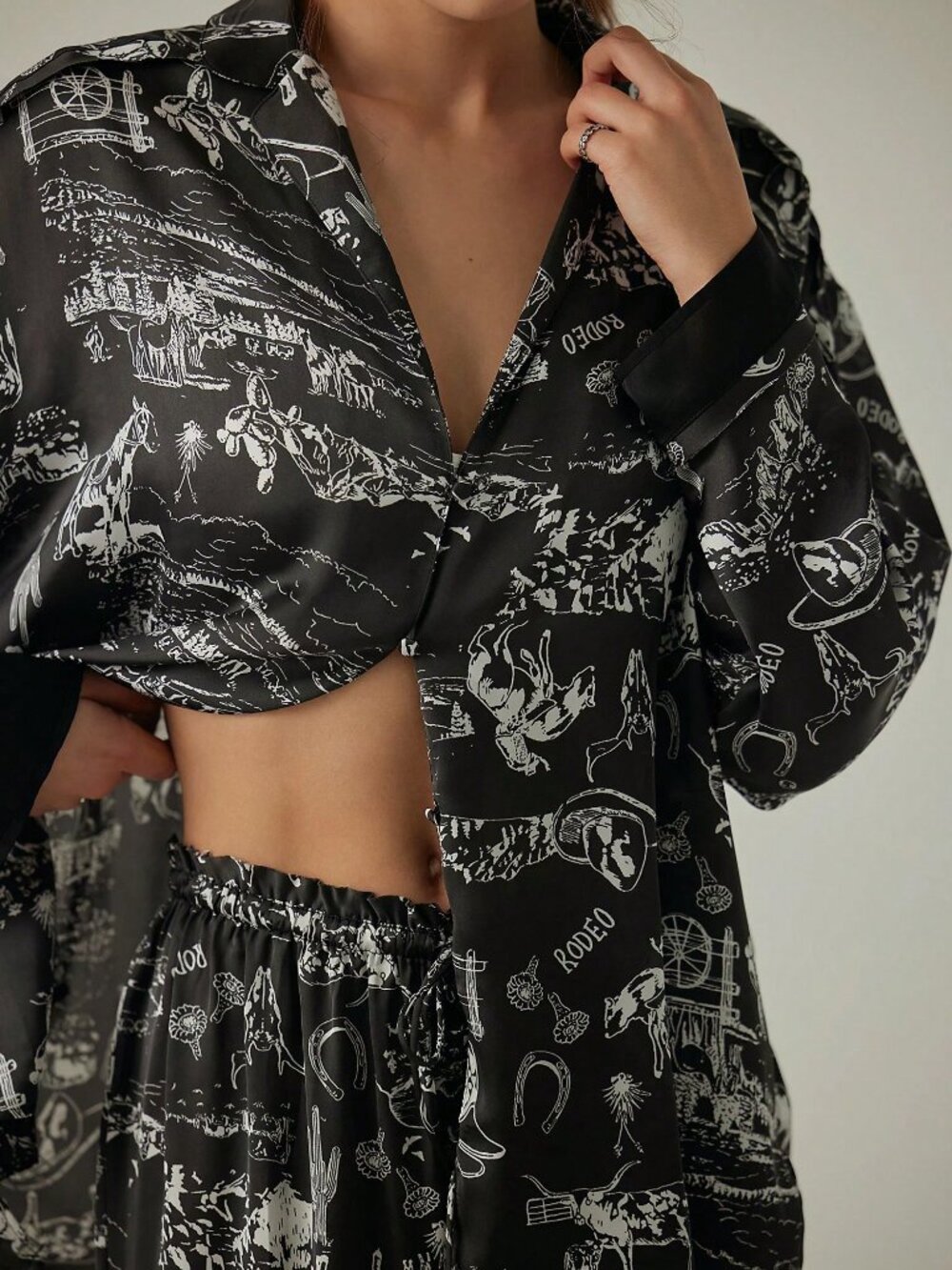 Casual Women's Button Down Shirt Wide Leg Pants Pajama Set - Picture 3 of 4